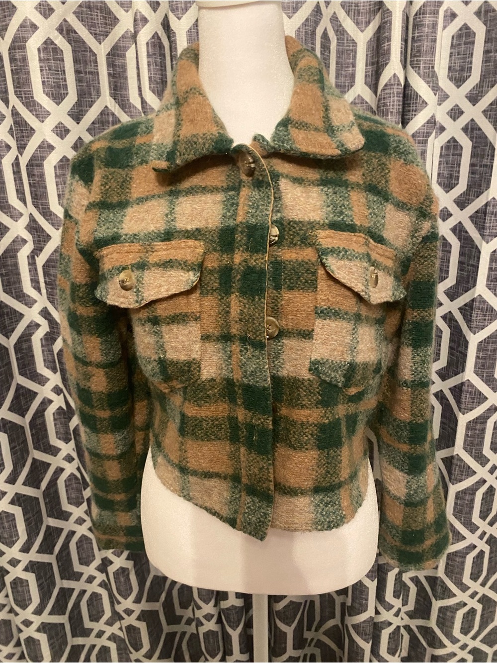 Cropped Plaid Wool-Blend Jacket - Green & Tan